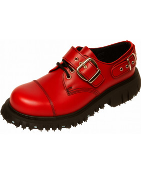 Chaussure rangers en cuir rouge avec boucles et vis décoratives.