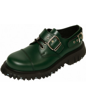 Green leather rangers shoe with buckles and decorative screws.