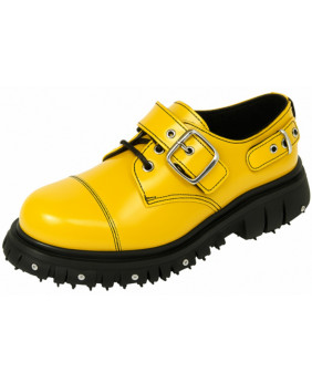 Yellow leather rangers shoe with buckles and decorative screws.