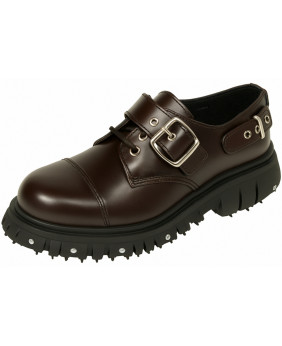 Brown leather rangers with buckles and decorative screws.