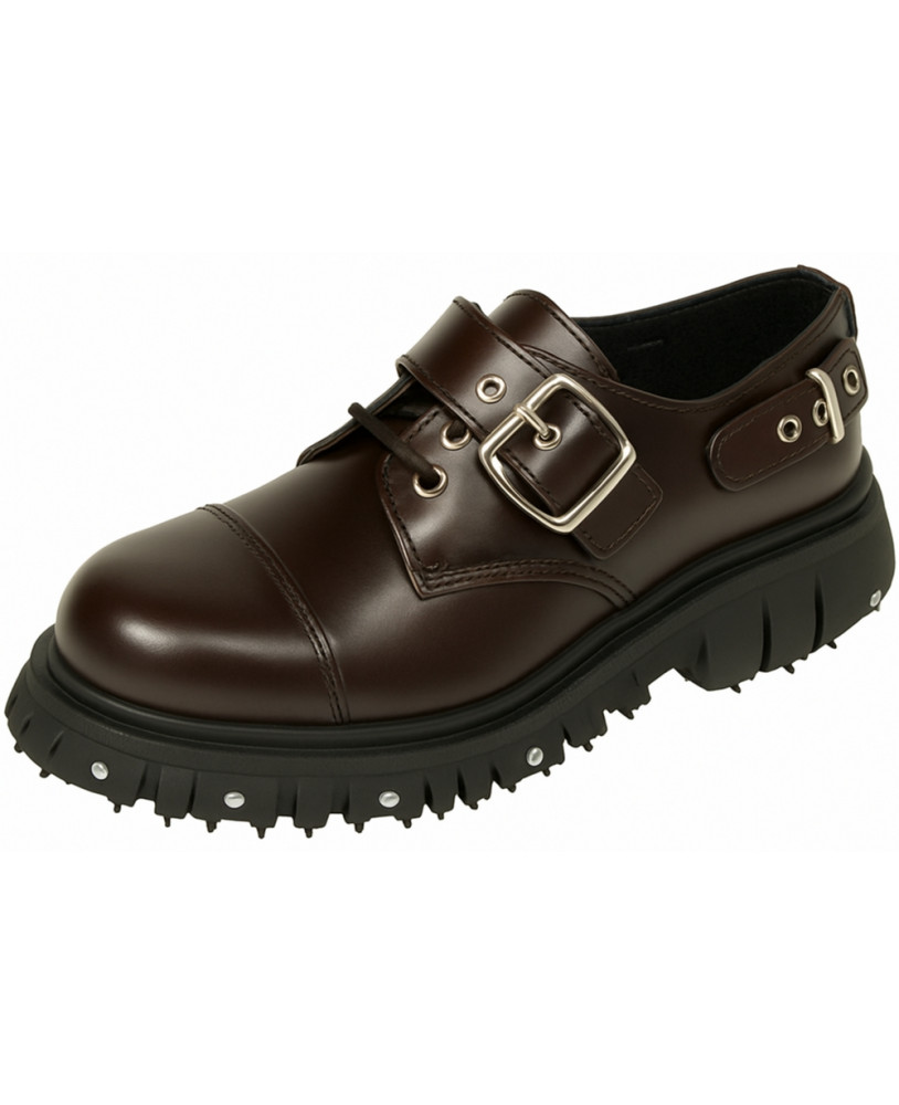 Brown leather rangers with buckles and decorative screws.