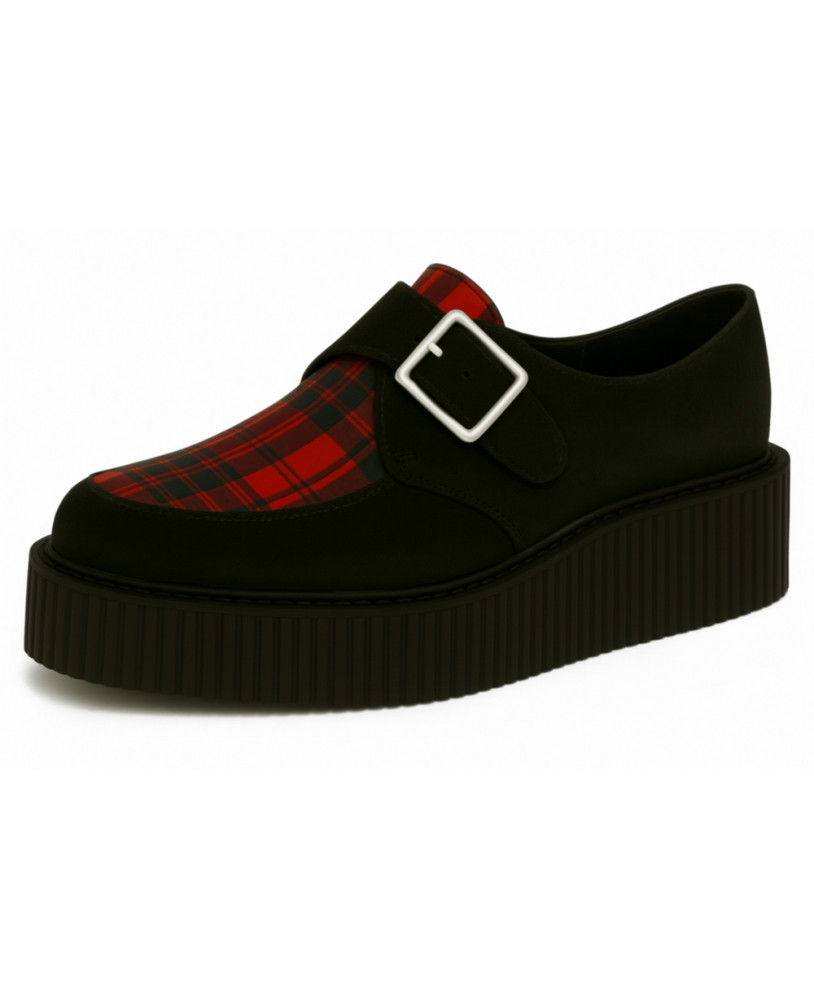 Black suede double-sole creepers with red tartan