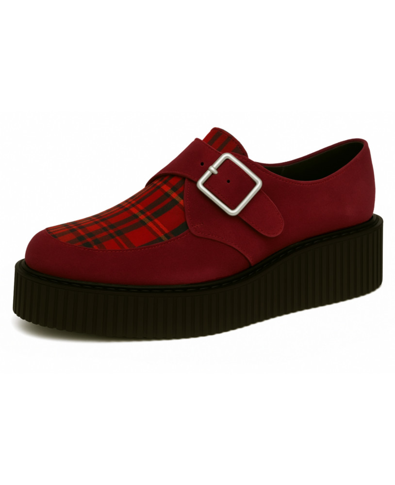 Burgundy suede double-sole creepers with red tartan