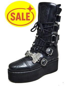 Bottes gothiques vegan noires à plateforme avec gravures celtiques et marteau de Thor – imposantes, mystiques.