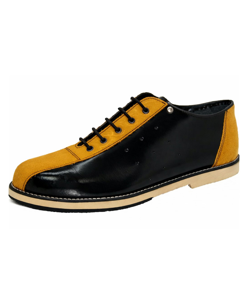Zapato de bowling vintage cuero negro nubuck mostaza