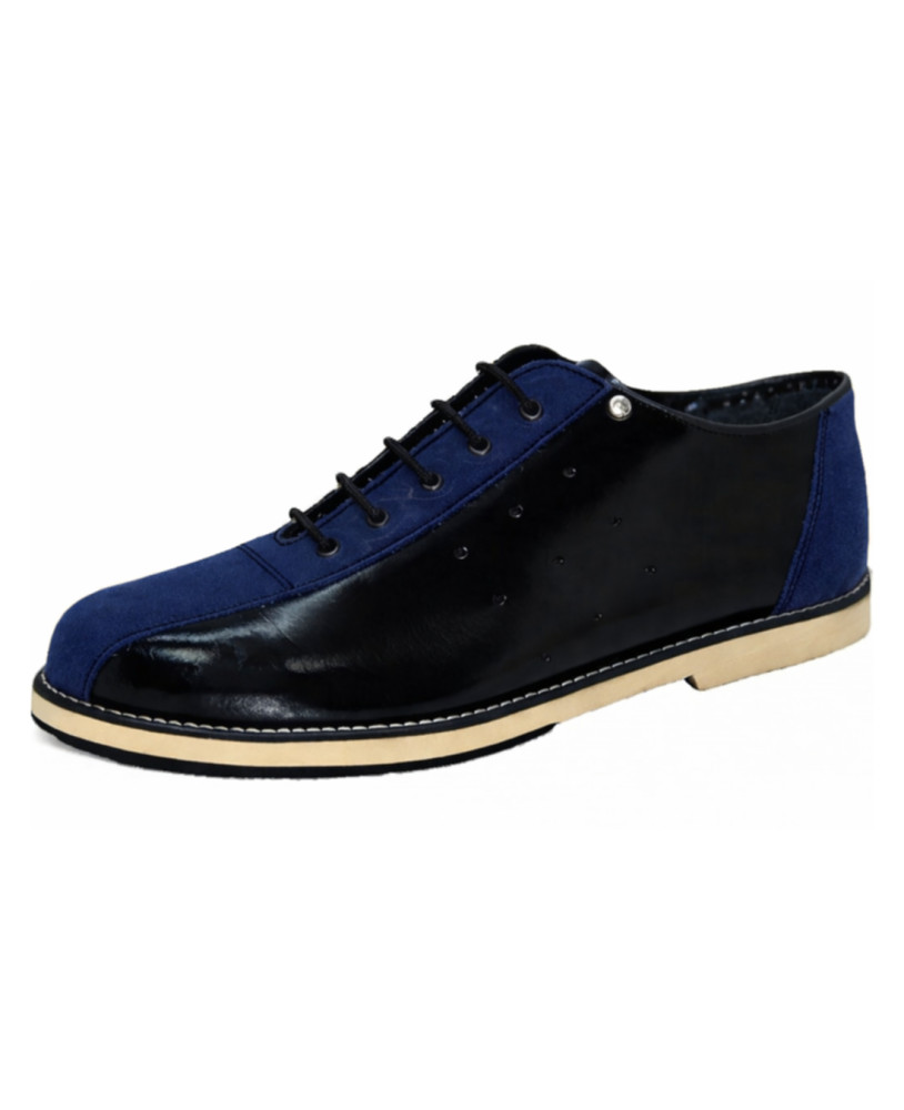 Zapato de bowling vintage cuero negro nubuck azul marino