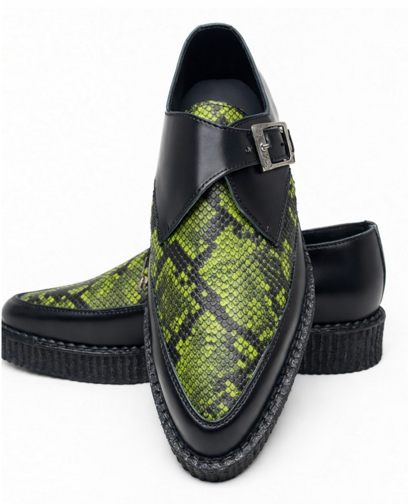 Creepers pointues cuir noir et imitation python vert