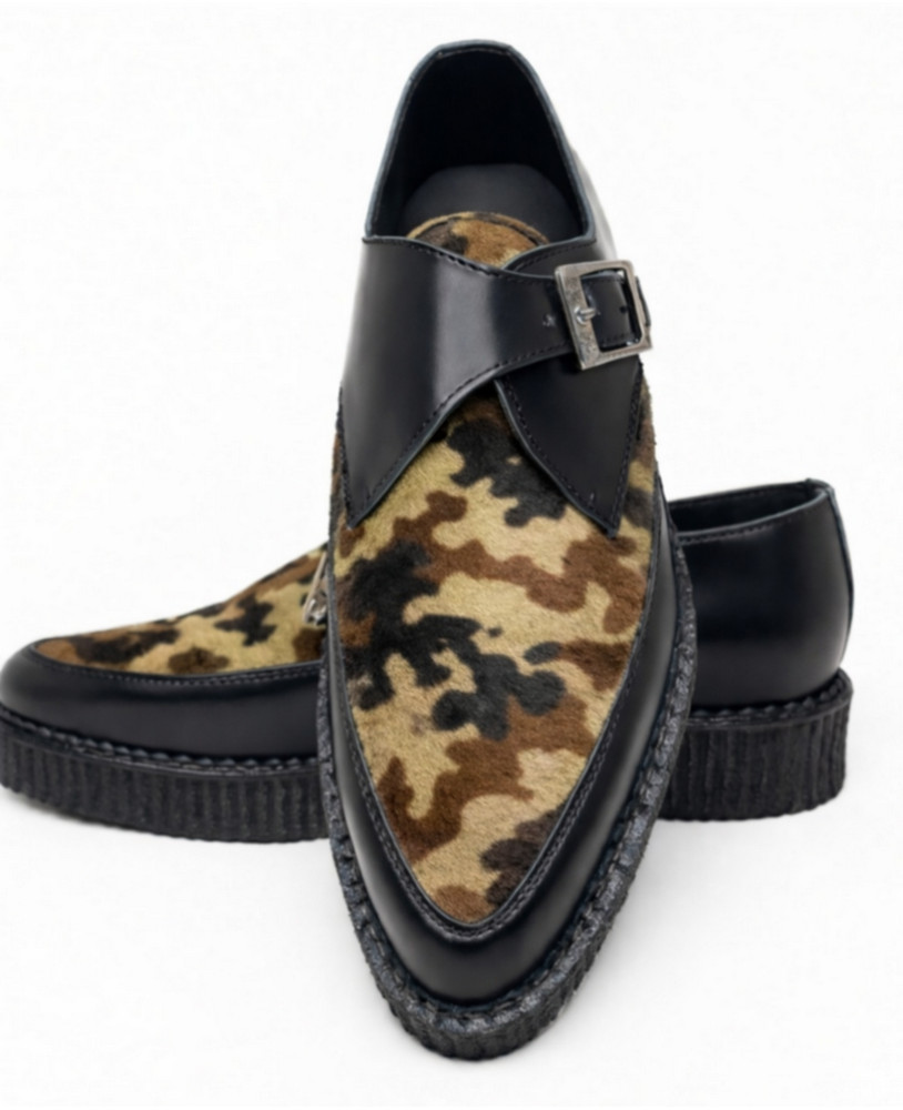 Creepers pointues cuir noir et fourrure camouflage