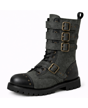 14-eye ranger boots in leather and dark grey nubuck with bronze studs at front and rear