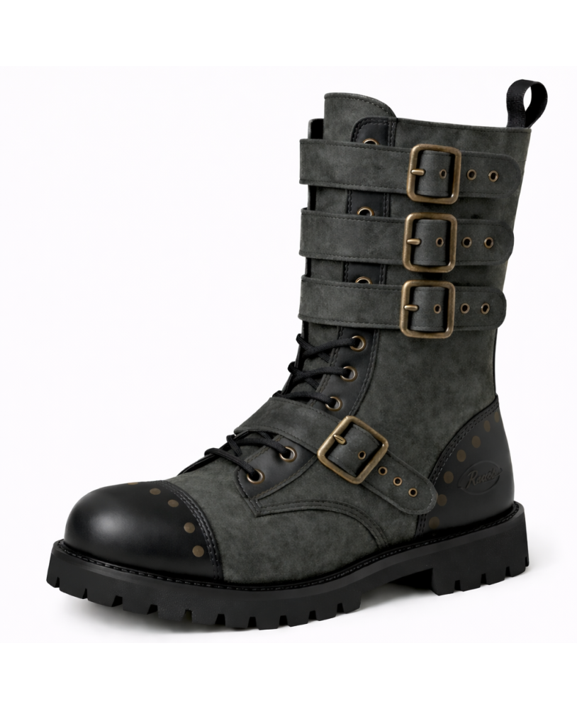 Anfibi rangers 14 occhielli in pelle e nabuk grigio scuro con borchie bronzo anteriori e posteriori