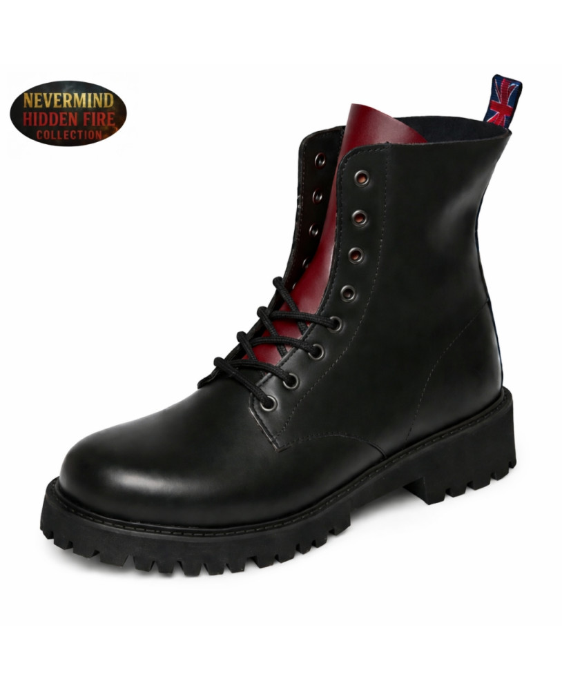 Rangers neri in pelle a 8 fori con linguetta bordeaux — eleganza scura e comfort che dura.