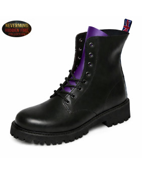 Black leather 8-eye ranger boots with purple tongue — rebel touch, raw style, lasting comfort.