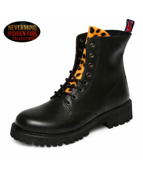 Rangers 8 trous cuir noir, languette léopard — esprit sauvage, style brut et confort durable.