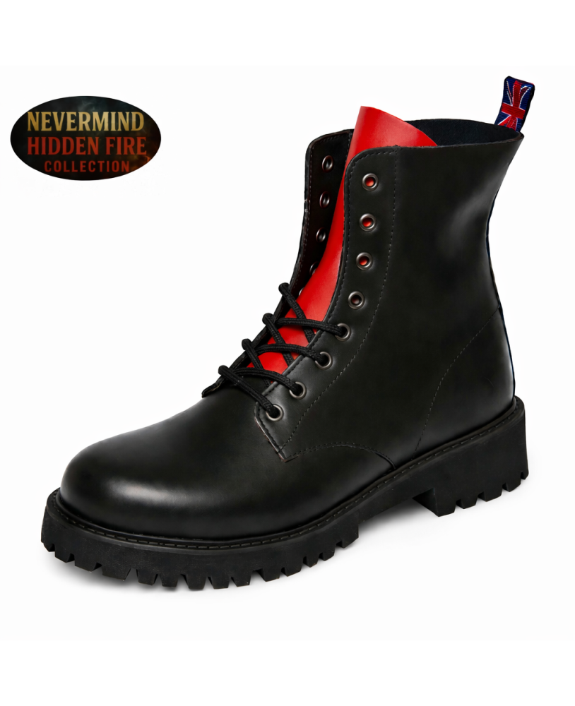 Black leather 8-eye ranger boots with red tongue — intense energy, raw style, lasting comfort.
