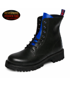 Rangers neri in pelle a 8 fori con linguetta blu — freschezza urbana e comfort che dura.