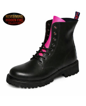 Rangers 8 trous cuir noir, languette rose — audace pop, style brut et confort durable.