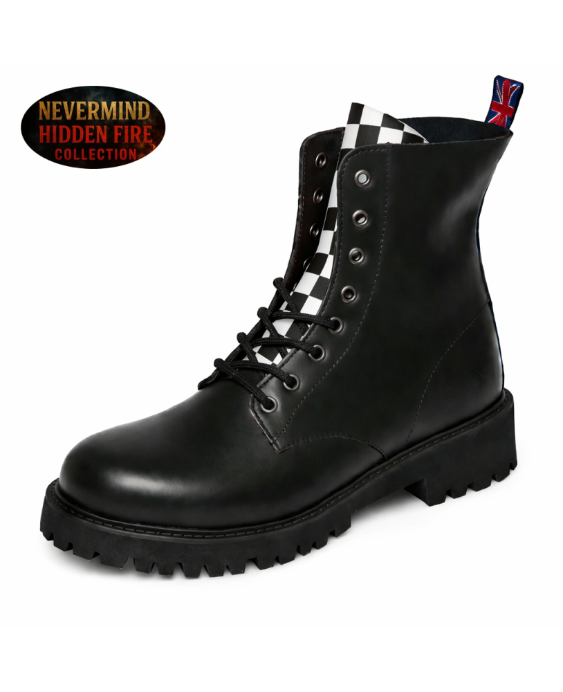 Black leather 8-eye ranger boots with checkerboard tongue — punk spirit, raw style, lasting comfort.