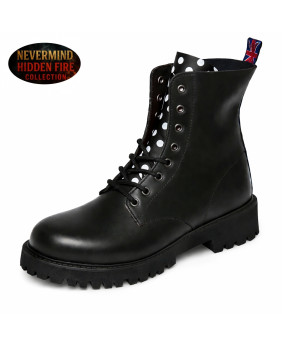Rangers 8 trous cuir noir, languette à pois — esprit pop, style brut et confort durable.