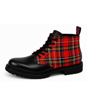 Nevermind Ranger Boots aus schwarzem Leder und rotem Tartan mit 6-Ösen-Schnürung und Naturkautschuksohle