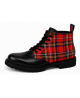 Nevermind ranger boots in black leather and red tartan with 6 eyelet lacing and natural rubber sole.