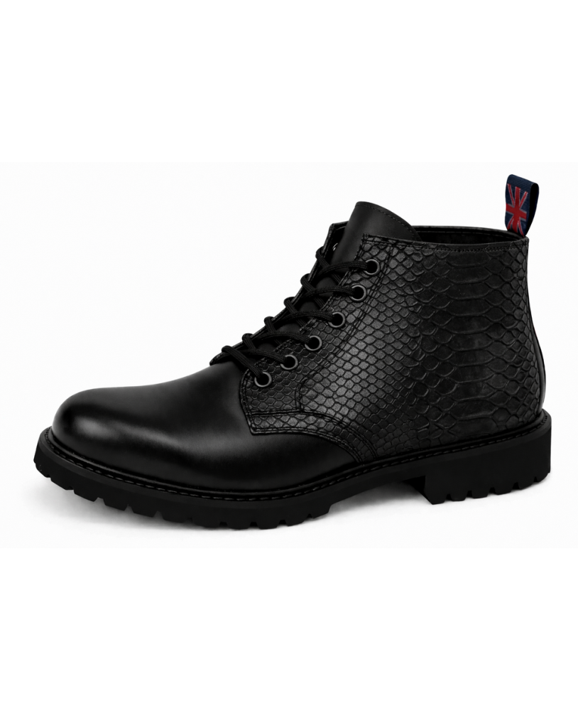 Nevermind black leather ranger boots with python texture, 6 eyelets and natural rubber sole.