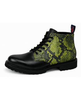 Nevermind black leather ranger boots with green python texture, 6 eyelets and natural rubber sole.