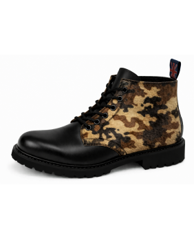 Nevermind black leather ranger boots with camouflage cowhide, 6 eyelets and natural rubber sole.