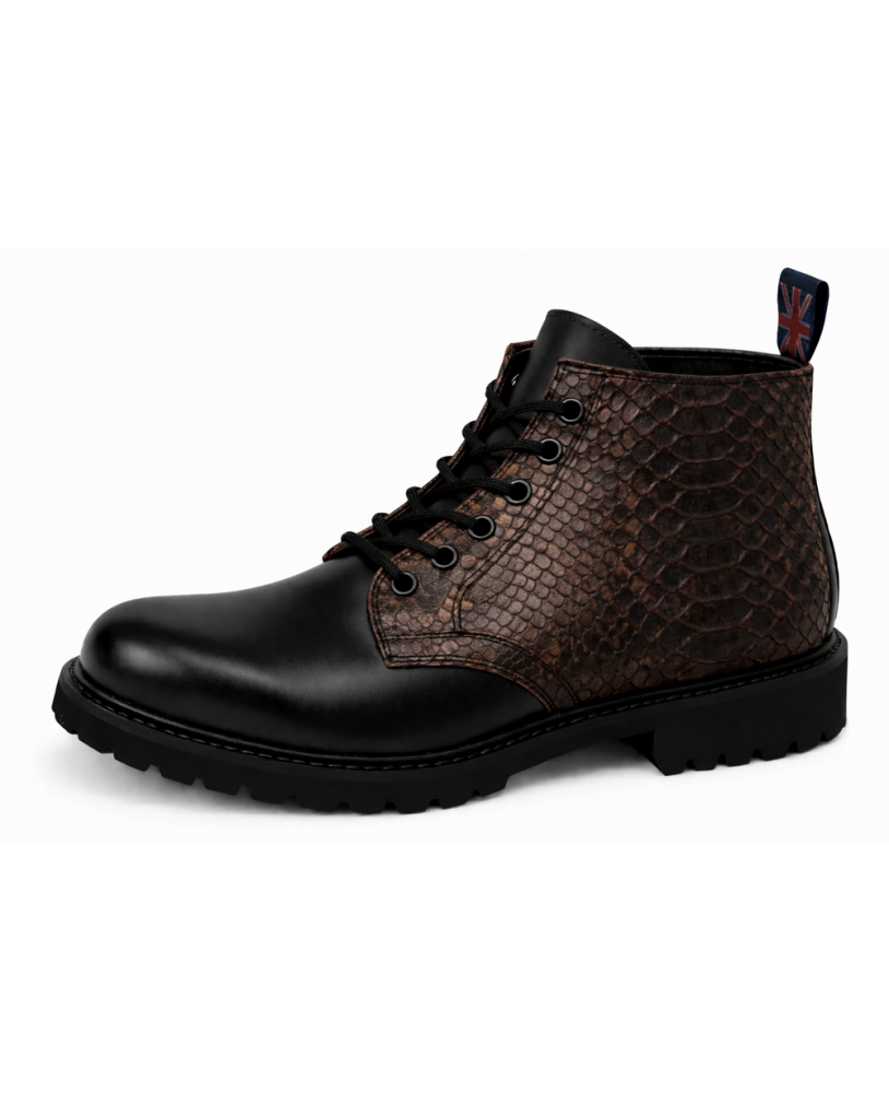 Nevermind black leather ranger boots with brown python texture, 6 eyelets and natural rubber sole.