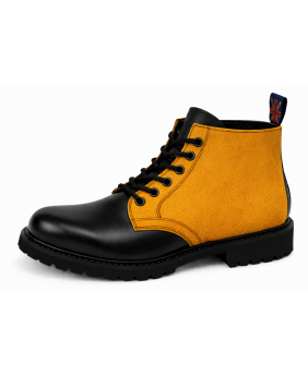 Nevermind black leather ranger boots with yellow nubuck upper, 6 eyelets and natural rubber sole.