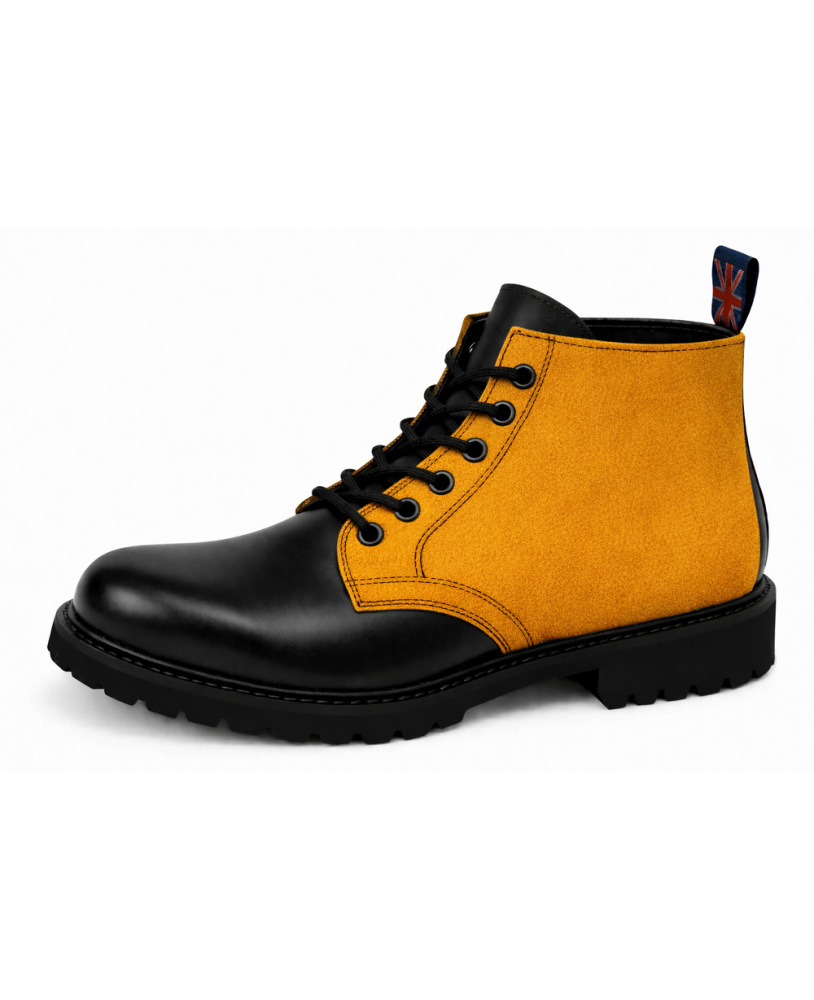 Nevermind black leather ranger boots with yellow nubuck upper, 6 eyelets and natural rubber sole.