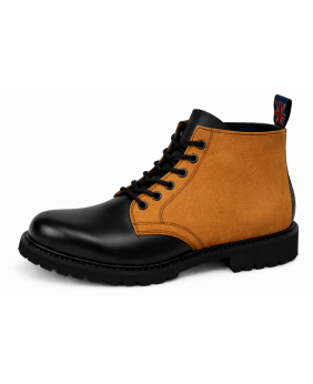 Nevermind black leather ranger boots with camel nubuck upper, 6 eyelets and natural rubber sole.