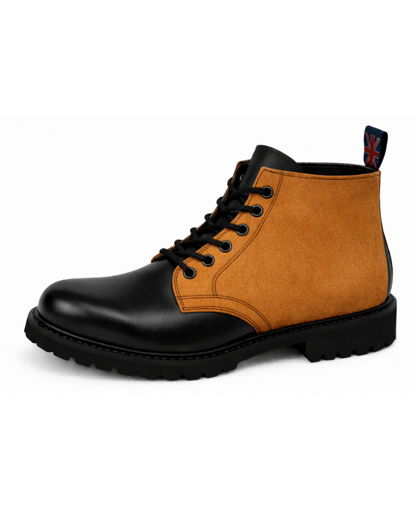 Rangers Nevermind cuir noir et nubuck camel avec 6 œillets et semelle caoutchouc naturel.
