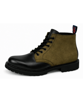 Nevermind black leather ranger boots with khaki nubuck upper, 6 eyelets and natural rubber sole.