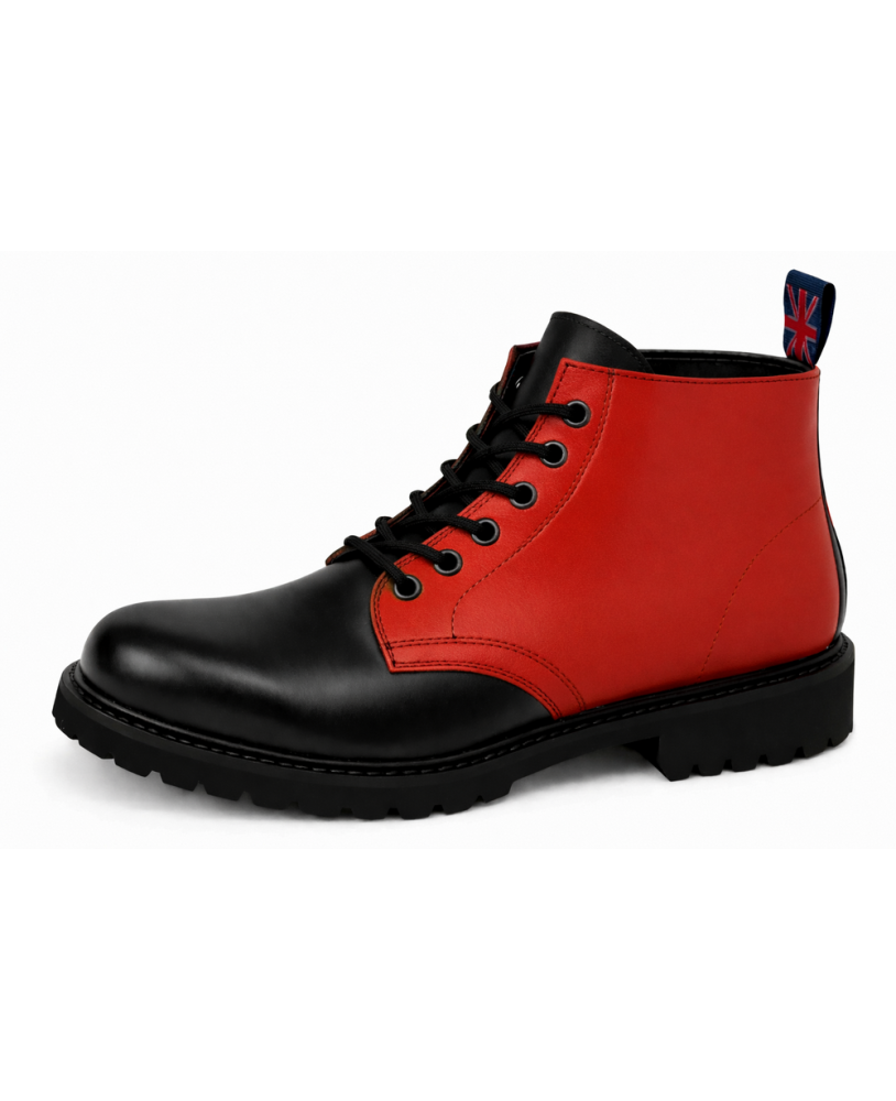Rangers Nevermind cuir noir et cuir rouge avec 6 œillets et semelle caoutchouc naturel.