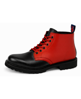 Nevermind black and red leather ranger boots with red laces, 6 eyelets and natural rubber sole.