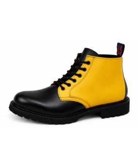 Rangers Nevermind cuir noir et jaune avec 6 œillets et semelle caoutchouc naturel.