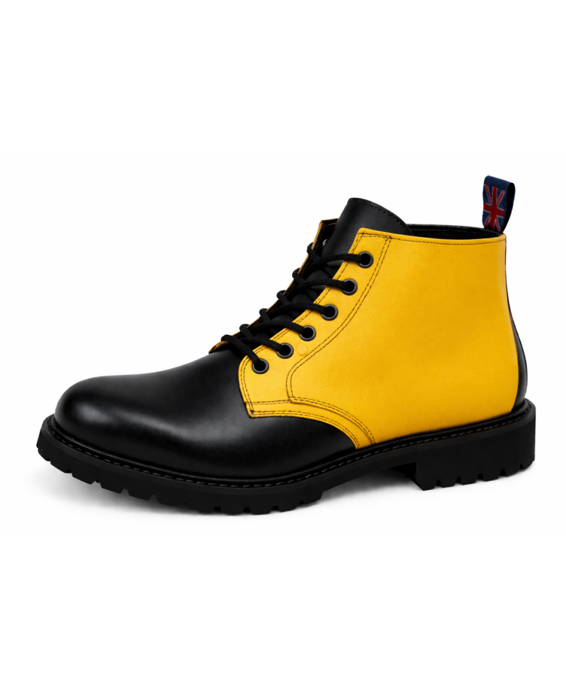 Rangers Nevermind cuir noir et jaune avec 6 œillets et semelle caoutchouc naturel.