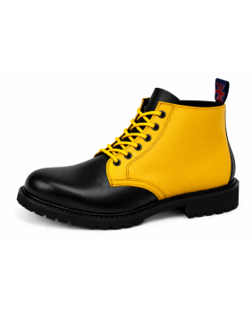 Rangers Nevermind cuir noir et jaune avec lacets jaunes, 6 œillets et semelle caoutchouc naturel.