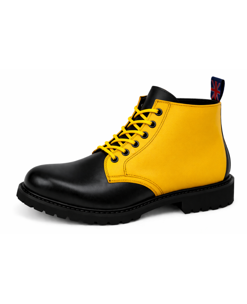 Nevermind black and yellow leather ranger boots with yellow laces, 6 eyelets and natural rubber sole.