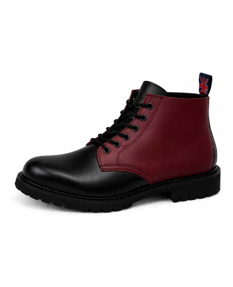 Nevermind black and burgundy leather ranger boots with 6 eyelets and natural rubber sole.