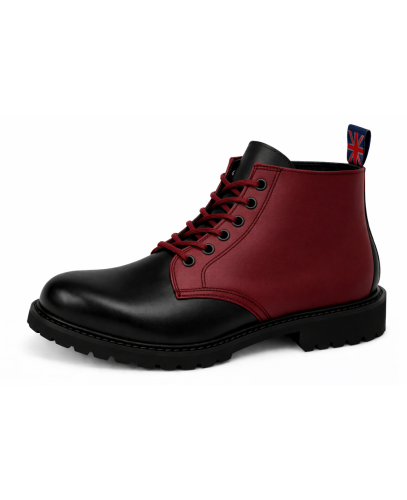 Nevermind black and burgundy leather ranger boots with burgundy laces and 6 eyelets.