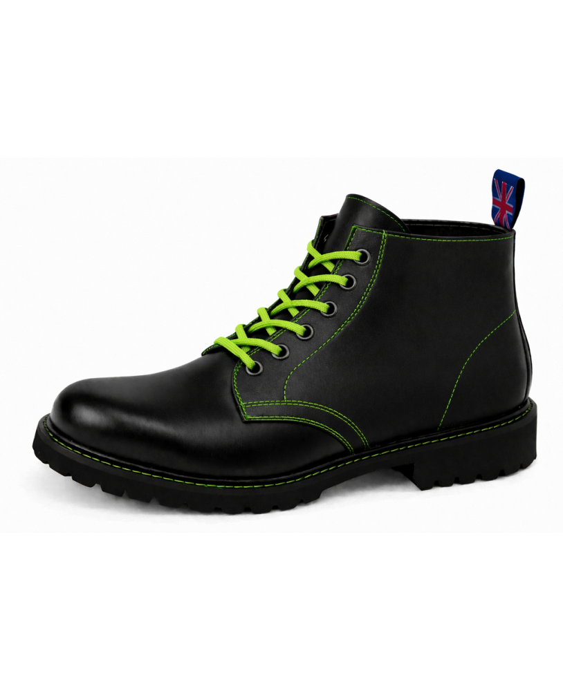 Black leather Rangers Nevermind 6-eye boots with green laces and natural rubber sole