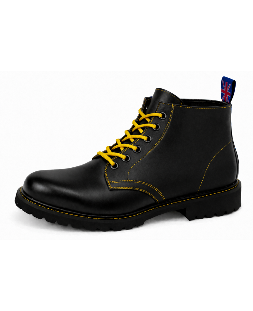 Black leather Rangers Nevermind 6-eye boots with yellow laces and natural rubber sole