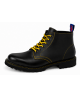 Black leather Rangers Nevermind 6-eye boots with yellow laces and natural rubber sole