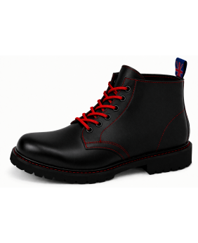Black leather Rangers Nevermind 6-eye boots with red laces and natural rubber sole