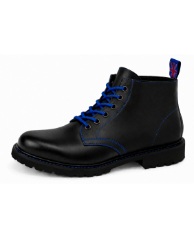 Black leather Rangers Nevermind 6-eye boots with blue laces and natural rubber sole