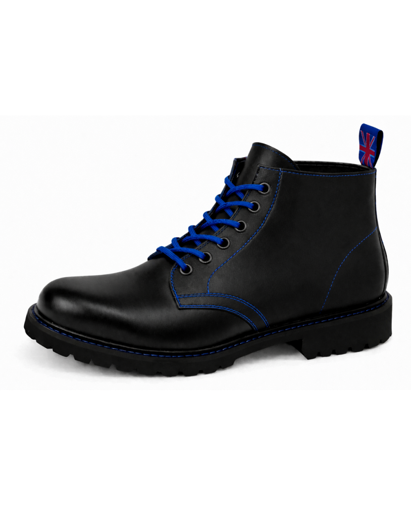 Schwarze Leder Rangers Nevermind 6-Loch mit blauen Schnürsenkeln und Naturkautschuksohle