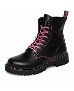 Black leather Rangers Nevermind 8-eye with pink accents and rugged natural rubber outsole