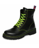 Black leather Rangers Nevermind 8-eye with green accents and rugged natural rubber outsole