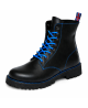 Black leather Rangers Nevermind 8-eye with blue stitching and rugged natural rubber outsole